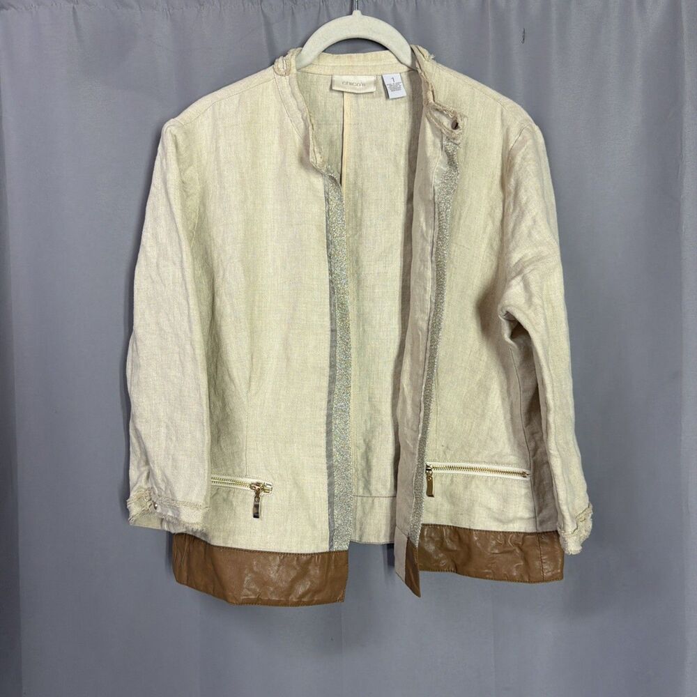 Chicos Women’s Jacket 100% Linen Beige Open Front Sz 1  Faux Leather